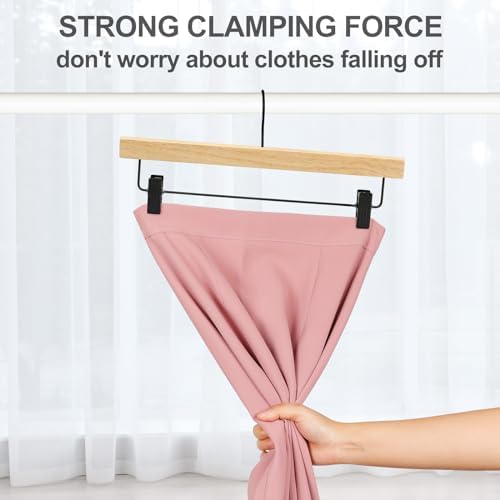 TOPIA HANGER Pants Hangers 20 Pack, Wooden Clothes Hangers with Black Clips and Rotatable Hook, Durable Natural Rubber Wood Hangers for Skirts, Pants, Jeans, Shorts - CTS05N