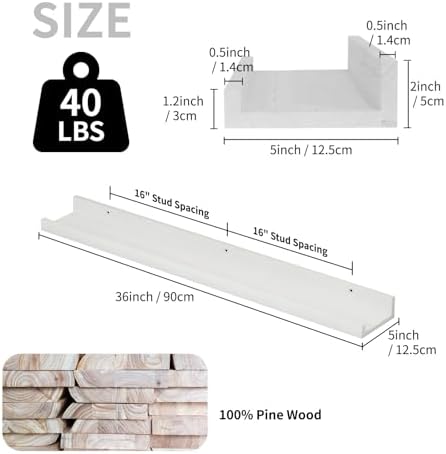 SAUMONIERES Picture Ledge Shelf Floating Book Shelves Set of 2 Wall Mounted Solid Wood for Bedroom Bathroom Living Room 