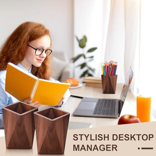 Henoyso 2 Pcs Wood Pen Holder for Desk Wooden Pencil Cups, Black Walnut