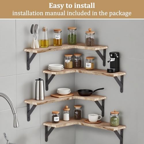 Set of 5 Corner Floating Shelves, Rustic Wood Shelve, Light Brown