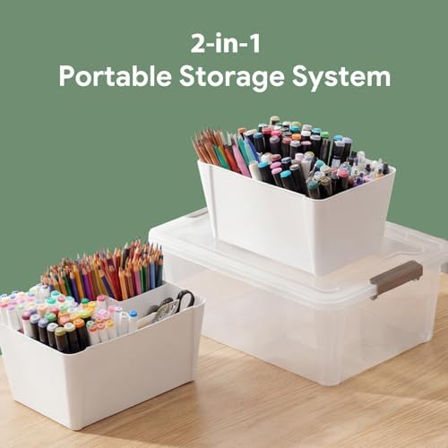 MACOPRO 17QT Craft Storage Box with 2 Removable Caddy Trays, Clear Stackable Plastic Organizer with Lid for Art Supplies
