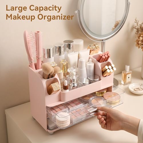 Makeup Organizer for Vanity with 2 Large Drawers and 6 Brush Holders, Pink