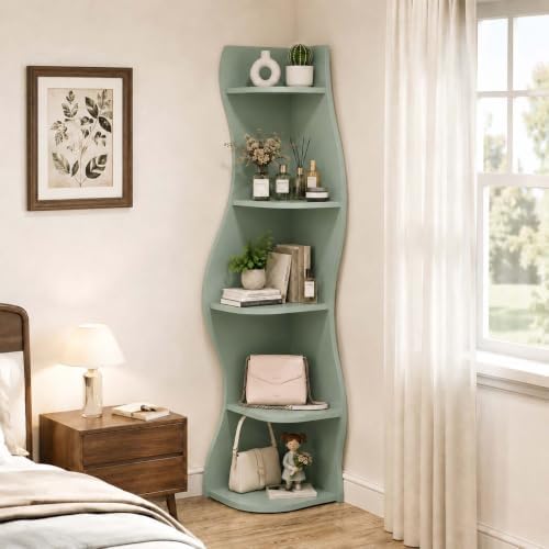 5-Tier Wavy Corner Shelf with Curvy Shape for Small Space,Sage Green