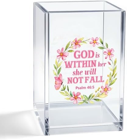 God Is Within Her Acrylic Cosmetic Pencil Pen Holder Cup, Bible Verse Christian Gifts for Mom Grandma Aunt Sister Daughter Women, Appreciation Gifts for Coworker Boss Leader Colleague Female
