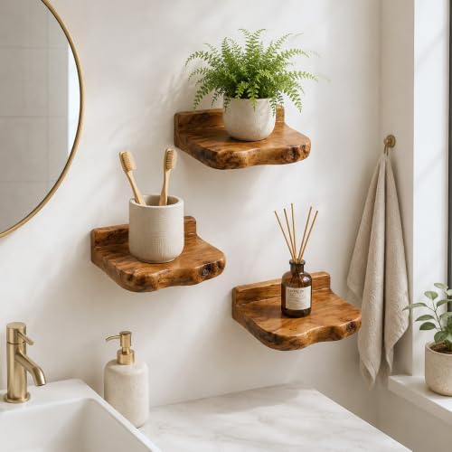 Small Floating Shelf for Wall Set of 3 Natural Cedar Wood 6 Inch Mini Wall Shelves Decor Plant Display Collectibles Moun