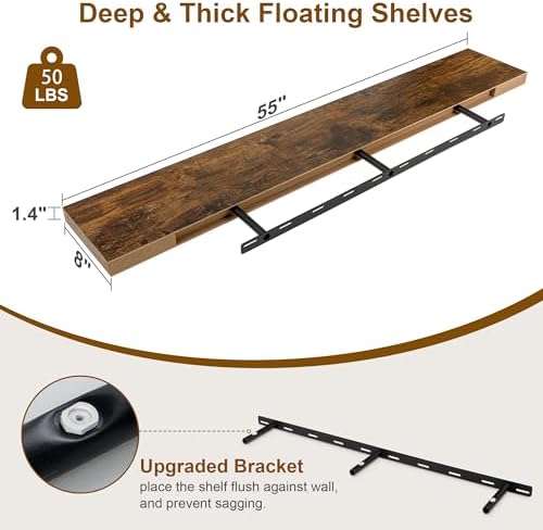 Fun Memories Floating Shelves 55 Inch Long, 8 Deep Floating Shelves for Wall, Large 55 x 8 Display Shelves for Living Ro