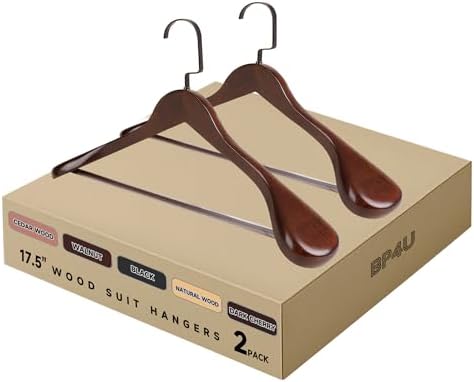 Wooden Suit Hangers with Non Slip Pants Bar, Walnut, 2-Pack, 17.5"