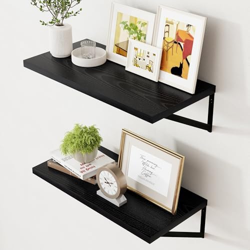 Axeman Deep Floating Shelves Black- 24 Inch Wide x 12 Inch Deep Wall Shelves Set of 2 - Black Wood Wall Shelves for Livi
