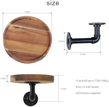 Round Wooden Floating Shelves Wall Mounted (Set of 2). Made of Acacia Wood. Industrial Pipe Brackets. A Unique Rustic Pe