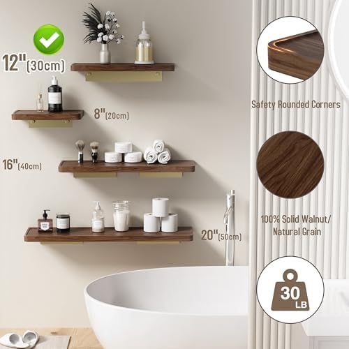 Danpoo 12 inch Floating Walnut wall Shelf, Small Wood Shelf for wall, Waterproof Wooden Shelf for Bathroom
