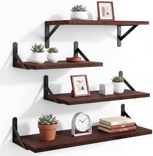YGEOMER 4 Different Sizes Floating Shelves for Wall Decor, Walnut Red Brown