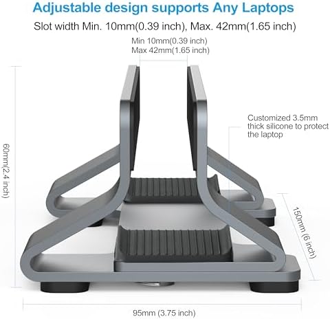 Aluminum Vertical Laptop Stand Dock Holder, Adjustable Slot Width 12-42mm, Space-Saving Upright Storage for MacBook and 