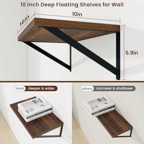 Axeman Deep Floating Shelves, 16'' x 10'' Walnut Wall Shelves Set of 2