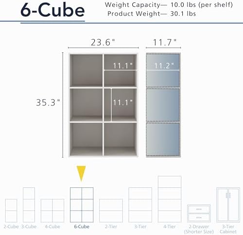 Homes: Inside + Out Apexa 6-Cube Storage Organizer Shelves, Stackable Wood Bookcase Fits Cubby Bins for Organization, Do