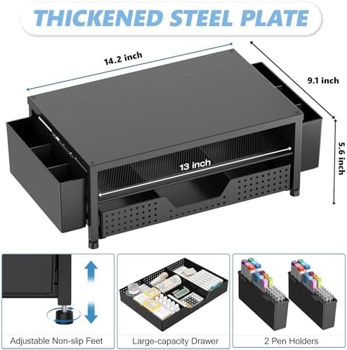 OPNICE Desk Organizers and Accessories, Computer Monitor Stand Riser with Drawer and 2 Pen Holders, Printer & Laptop Sta