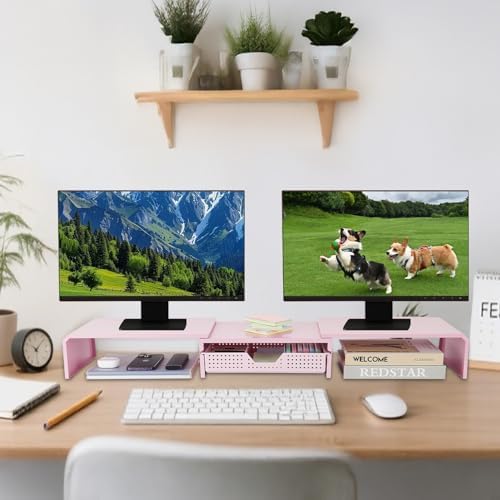 LEKETREE Dual Monitor Stand Riser with Drawer, Desk Organizer and Accessories, Pink Monitor Stand for Desk, Desktop Stan
