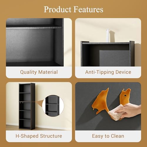 ZENY 5-Tier Shelf Bookcase, Freestanding Wood Storage Display Open Bookshelf for Home Office (Black)