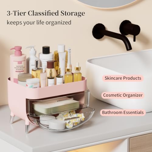Jywantful Makeup Organizer for Vanity, Pink Skincare Storage with 2 Drawers