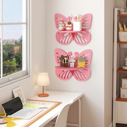 2-Tier Butterfly Wall Shelf - Nursery Decor Pink Floating Corner Shelves, Cute Wall Display Rack Bookshelf for Kid’s Roo