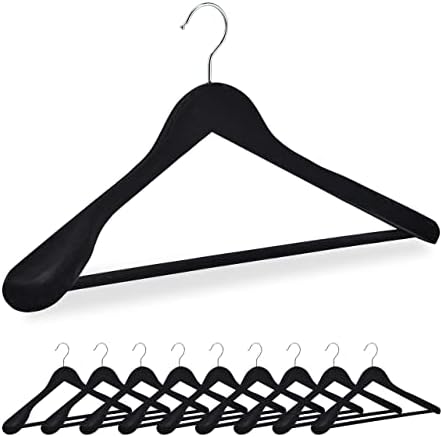 Relaxdays Velvet Coat Hangers, Set of 10, Wood, Wide Width with Trouser Bar, 360° Clothes Hook, Suit Hanger, Black