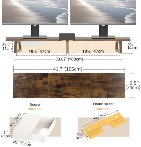 TEAMIX 42 inch Dual Monitor Stand with Storage Drawer & Phone Holder, Brown