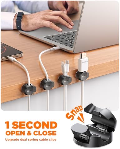 12Pack Cord Organizer [Dual Spring & Clasp, Max Secure] Cable Clips - Chfeila Cord Holder, Desk Cable Management, Adhesi