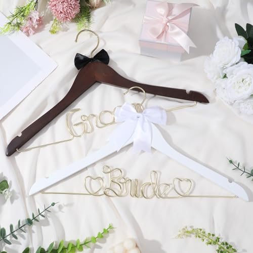 2 Pcs Bride Hanger Bride and Groom Wooden Wedding Dress Hanger Set with Bow Tie for Tuxedo Suit Wedding Gift Bridal Party Shower