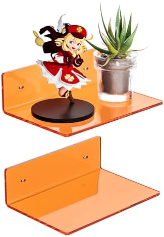 Sezanrpt 9 Inch Orange Wall Shelves, Acrylic Wall Mounting Ledges Display, Acrylic Display Wall Shelf for Funko Pop Figures, Collectibles, Plants, Décor, Toiletries, Spices, 2 Pack