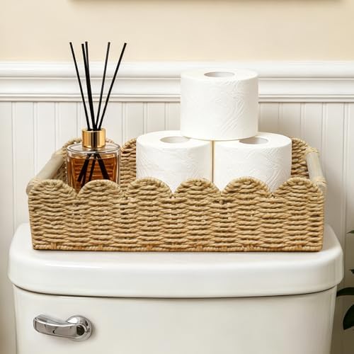 Scalloped Wicker Toilet Paper Storage Basket, Home Decor Baskets,Paper Rope Small Basket,for Over Toilet Storage Shelf, 