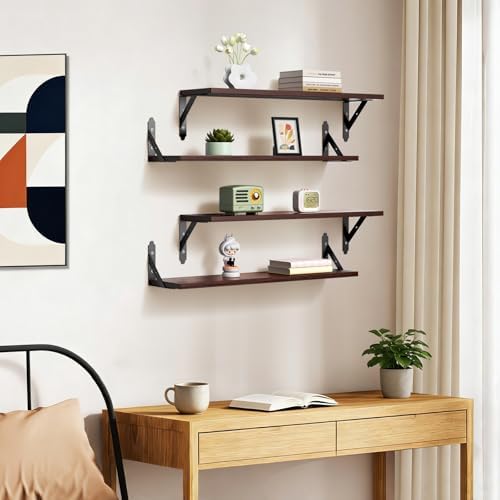 ROMGUAR CRAFT Wood Wall Floating Shelves Set of 4, 23.6" x 6" - Brown
