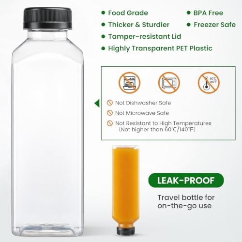 24 PACK, 16 OZ Reusable Thicker Plastic Juice Bottles with Caps, Leakproof