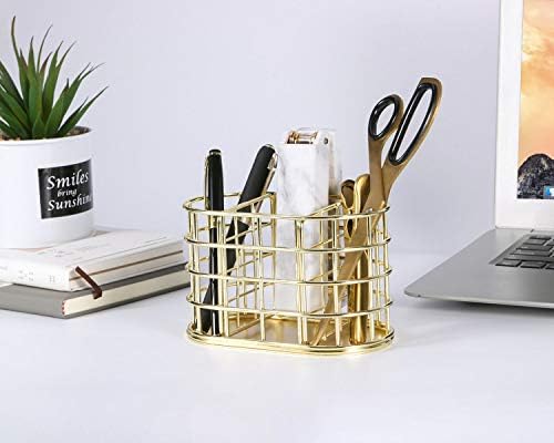 Pen Holder, 3 Compartment Metal Pencil Holder Stationery Organizer, Decorative Desktop Storage Holder for Office Supplies, Gold
