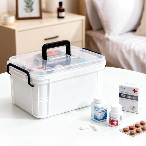 2-Tier Medicine Organizer - Plastic Portable Storage Box with Handle White
