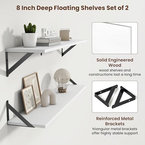 Axeman 36 Inch Floating Shelves, 8 Inch Deep White Wall Shelves Set of 2