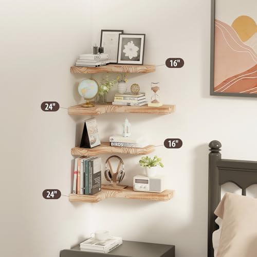 SAUMONIERES Corner Floating Shelves 24 Inch Wall Mount Shelf Solid Wood for Bedroom Bathroom Kitchen Storage Set of 2, R
