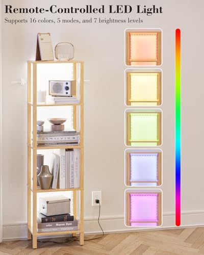 Open Book Shelf with LED Lights, 5 Tier Tall Bookshelf, Freestanding Shelf Narrow Bookcase with Open Shelves, 14.96" x 1