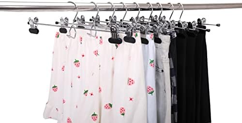 6 Quality Pants Hangers Heavy Duty Add-on Skirt/Slack Metal Hanger, Extra Wide Adjustable Clips, Multi Stackable Add on Hangers, Chrome, Jeans, Bottoms, Set of 6