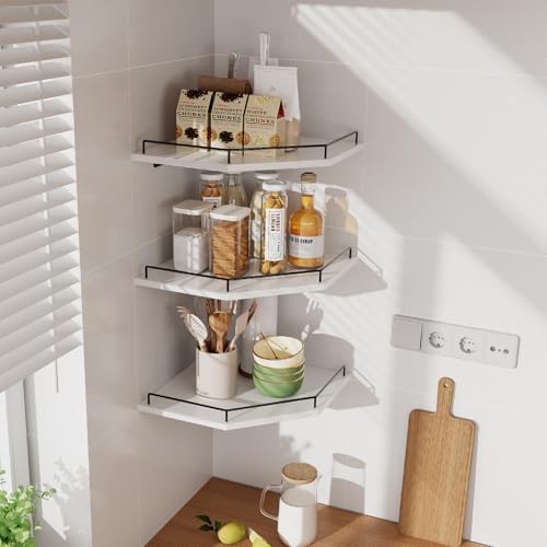 JJL Corner Shelf Wall Mounted, 12 Inches 3-Tier Floating Corner Shelf with Rails, Hexagon Rustic Wood Decor, White Wall 