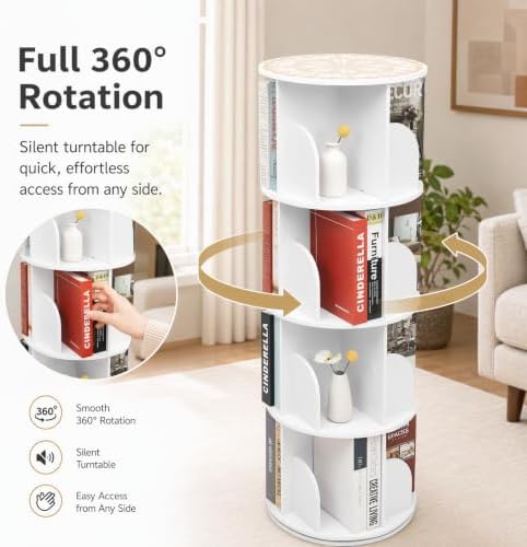 4 Tier Rotating Bookshelf Tower, 360° Spinning Corner Bookcase for Small Space,Spinning Bookshelf Tower for Study Room,H