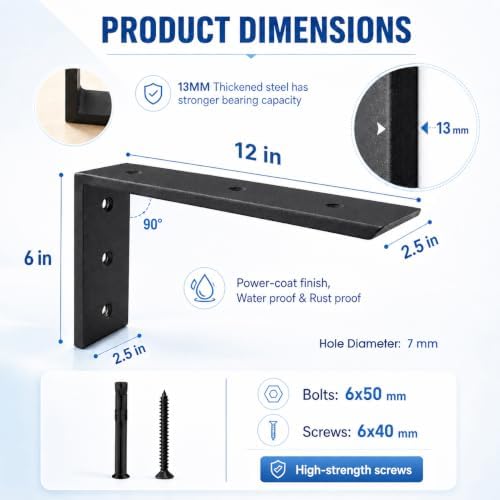 WINKER Countertop Support Bracket 4 Pack Heavy Duty 1/2" Thick Hidden L Shelf Bracket 12" x 6" x 2.5" Metal Corbels for 