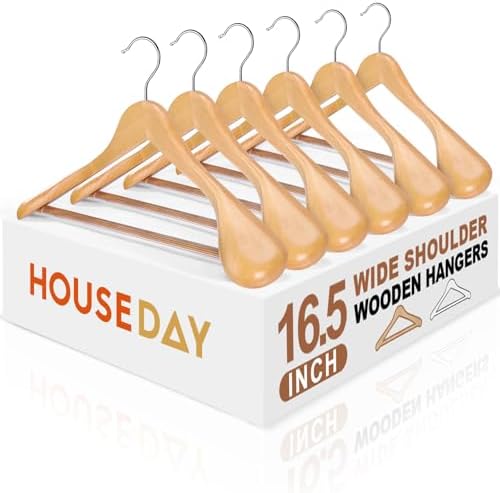 HOUSE DAY Wooden Suit Hangers 6 Pack，Heavy Duty Wide Shoulder Wooden Hangers, Solid Wood Coat Hanger with Non-Slip Pant Bar for Petite Adults, Teens and Small Suits, Coats, Jackets (Natural，16.5'')