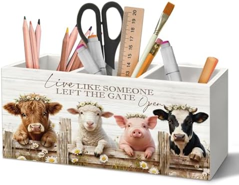 Farmhouse Highland Cow Sheep Pig Pen Holder Organizer for Desk Accessories, Live Like Someone Left the Gate Open Funny Animal Wooden Box Sign Desk Decorations for Home Office Decor