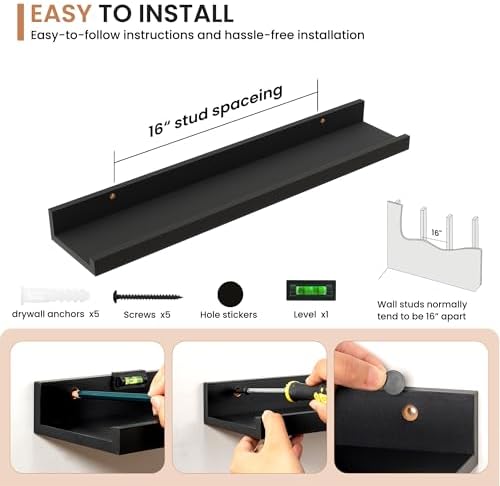 Dreamland Picture Ledge Shelf for Wall, Floating Shelves Set of 2, 24 Inch Long Floating Shelves with Lip for Living Room, Bedroom, Bathroom, Kitchen, Black
