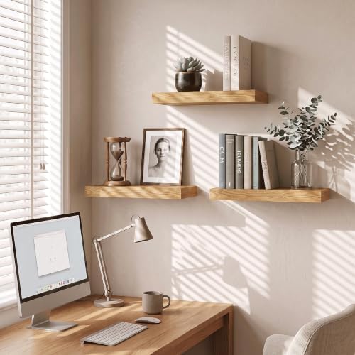 16 Inch Floating Shelves for Bathroom Oak, 8" Deep Wall Shelf, Set of 3