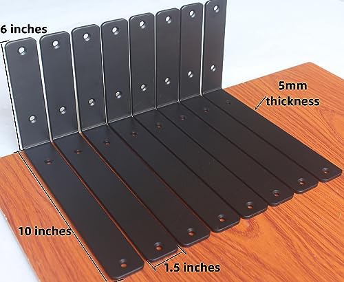 16 Pack - L 10" x H 6" x W1.5, 5mm Thick Black L Shelf Bracket, Iron Shelf Brackets, Metal Shelf Brackets, Floating Shel