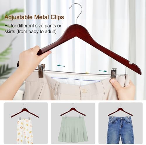 TOPIA HANGER Wooden Suit Hangers with Adjustable Metal Clips (20 Pack), Solid Wood Clothes Hangers, 360° Swivel Hook, Premium Retro Finish Pants Hangers for Clothes Coat, Jeans, Blouse- Cherry CT28M20