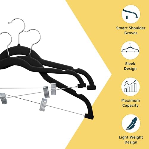 Lifemaster Velvet Skirt Hangers – with Adjustable Clips, 360 Degree Swivel Hook, and Non-Slip Shoulder Notch, Holds Up to 10 lbs, for Organizing Skirt, Pants, Dress, and Clothes, Pack of 30, Black