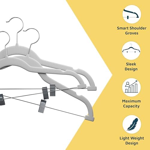 Lifemaster Velvet Skirt Hangers – with Adjustable Clips, 360 Degree Swivel Hook, and Non-Slip Shoulder Notch, Holds Up to 10 lbs, for Organizing Skirt, Pants, Dress, and Clothes, Pack of 20, White