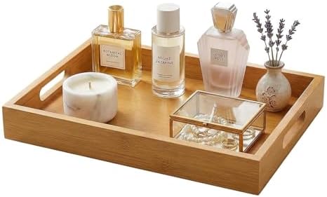 Perfume Plate Tray with Handle - Natural Bamboo Wood Display Tray for Dresser, Coffee Table, or Bathroom, 11.4x7.9 Inche