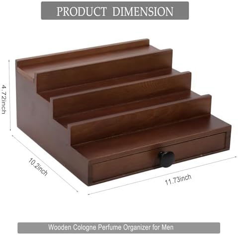 4 Tier Men's Cologne Organizer, Walnut Brown Wood Display Stand with Drawer